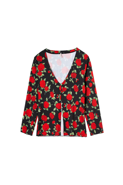 NORA red roses print floral cardigan, flat packshot by Rouje x Etam