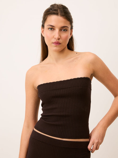 PORTIA brown ribbed knit bandeau bustier top, front view by Rouje