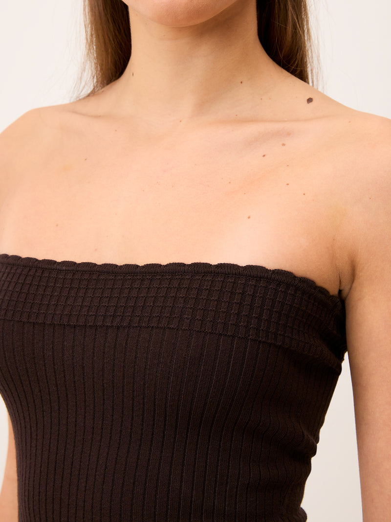 PORTIA brown ribbed bustier top worn on a model by Rouje