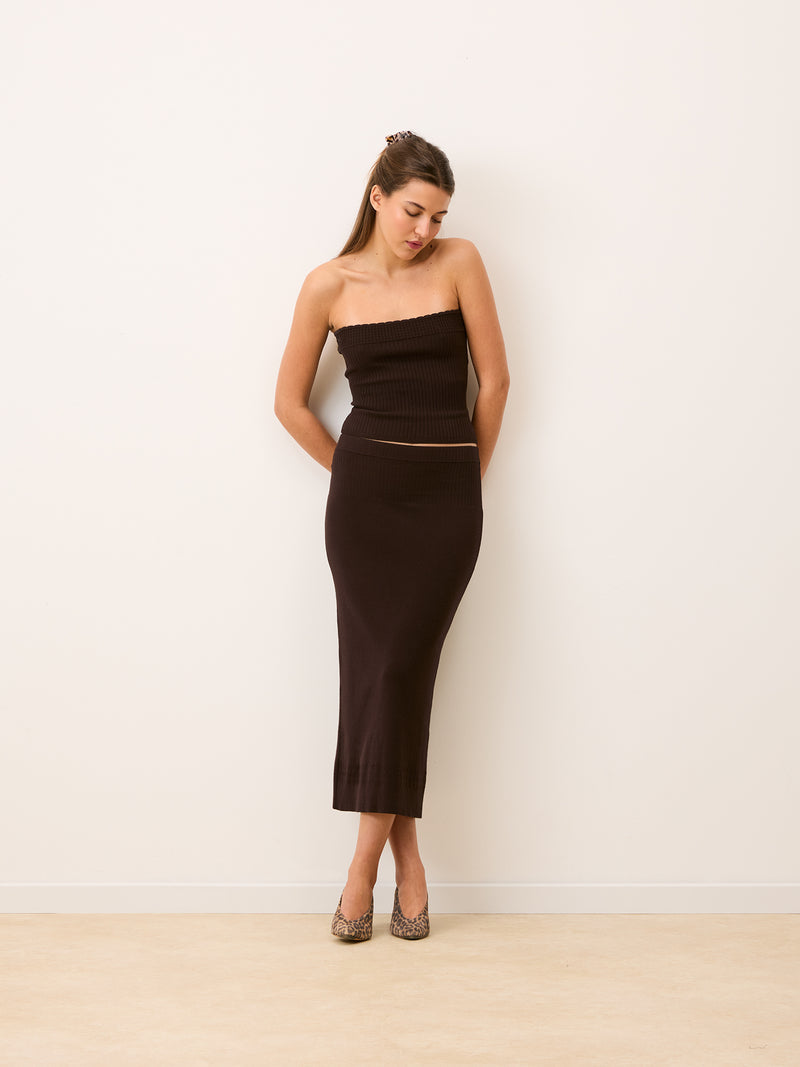 PORTIA brown ribbed knit bandeau top, detail of scalloped finish by Rouje
