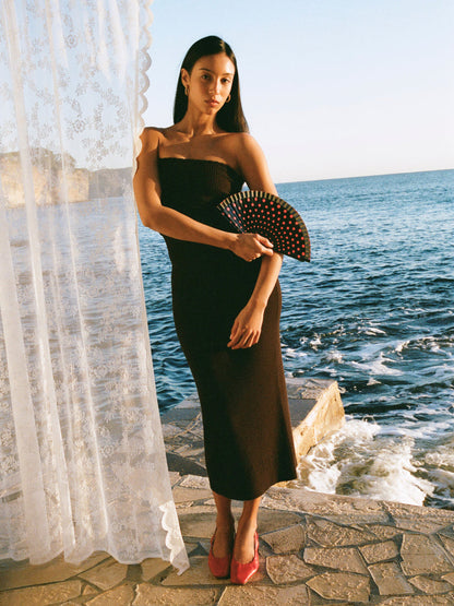 PORTIA brown ribbed knit bandeau bustier top, lifestyle setting by Rouje