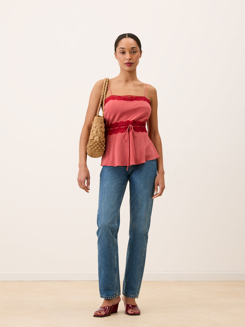 ROMY pink lace strappy top, front view by Rouje