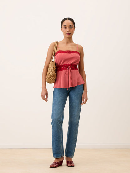ROMY pink lace strappy top, front view by Rouje