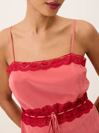 ROMY pink lace strappy top, lifestyle setting by Rouje