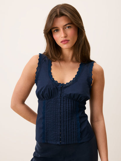 SHONA indigo blue corset style top, front view by Rouje