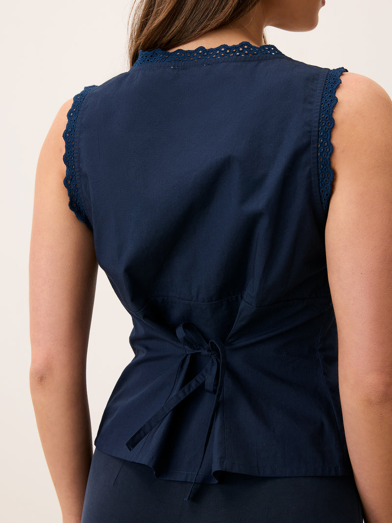 SHONA indigo blue corset top, detail of neckline by Rouje