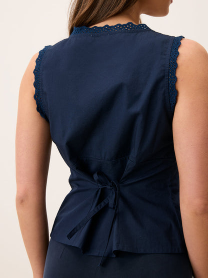 SHONA indigo blue corset top, detail of neckline by Rouje