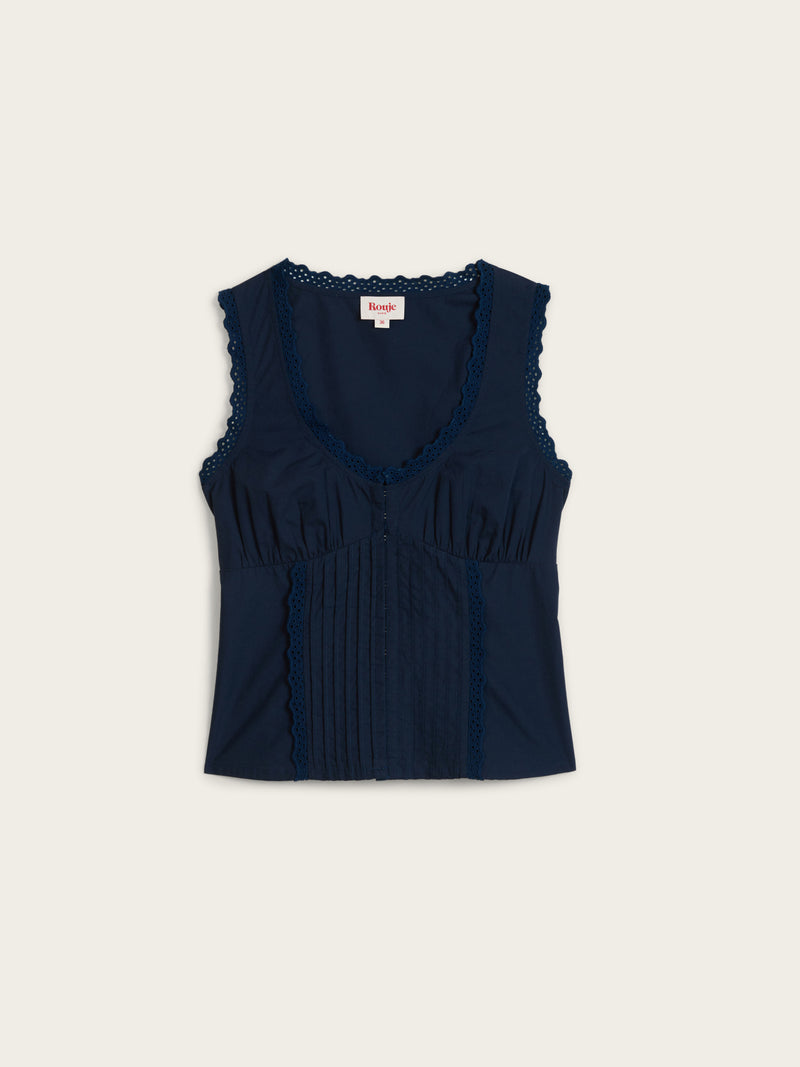 SHONA indigo blue corset style top, flat packshot by Rouje