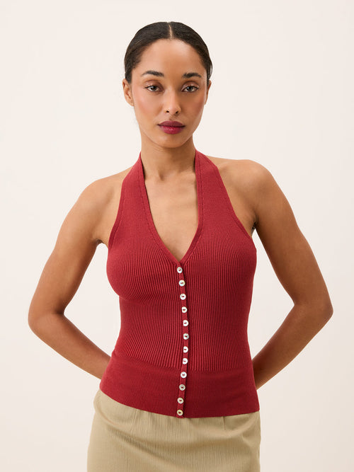 SOPHIA terracotta sleeveless plunge-neck backless top, front view by Rouje