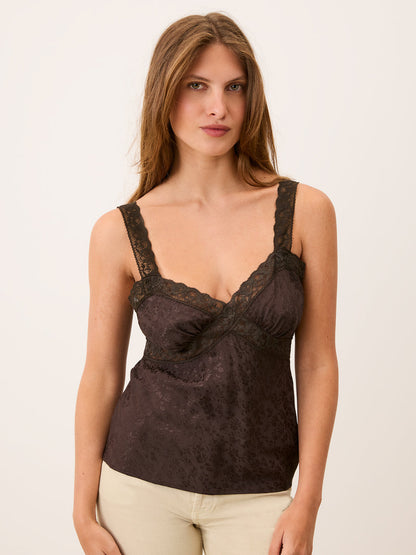 TACITA coffee jacquard floral lace strappy top, front view by Rouje
