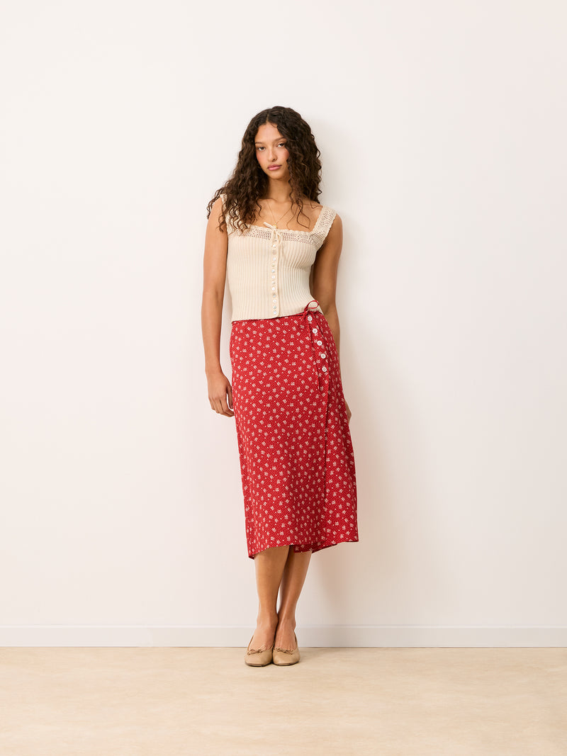 Full-length view of the Tarek crochet top in ecru, worn by a model