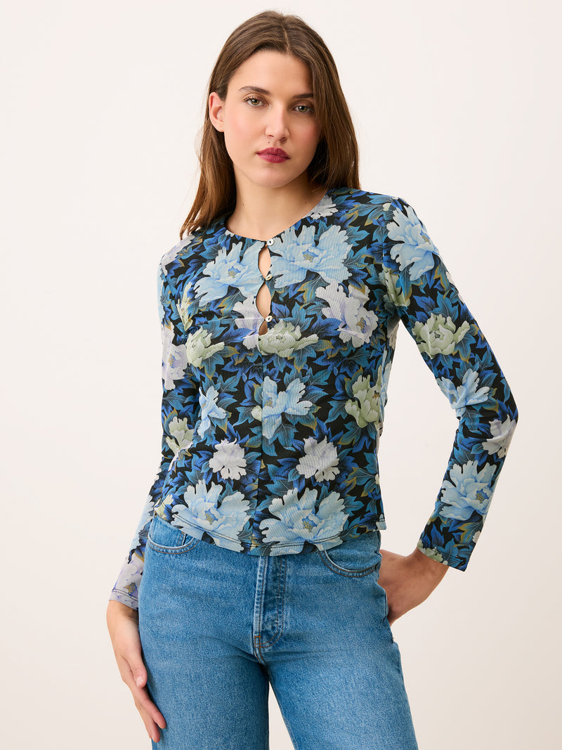 THOMAS blue floral mesh button-up top, front view by Rouje