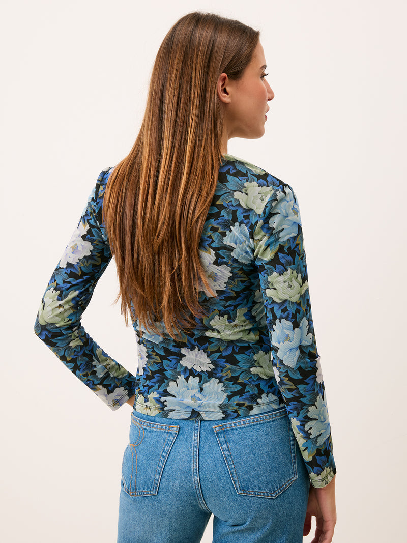 THOMAS blue floral mesh button-up top, detail of lining by Rouje