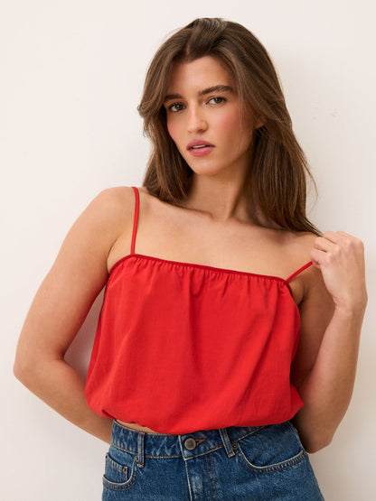 TIAGO red crop top by Rouje, back view with elastic waist