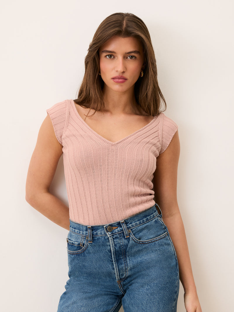 TUCO powder pink V-neck ribbed knit cotton top, front view by Rouje