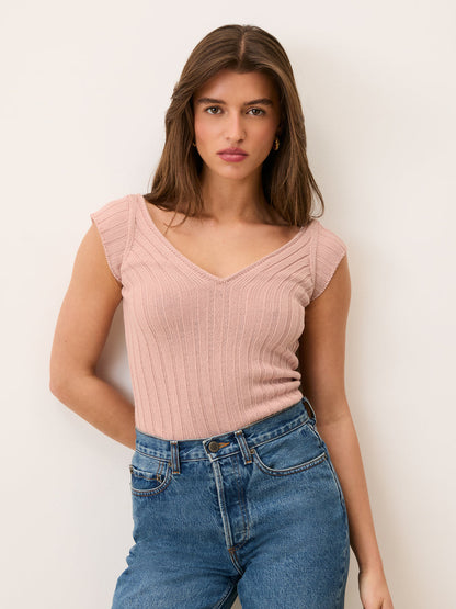 TUCO powder pink V-neck ribbed knit cotton top, front view by Rouje
