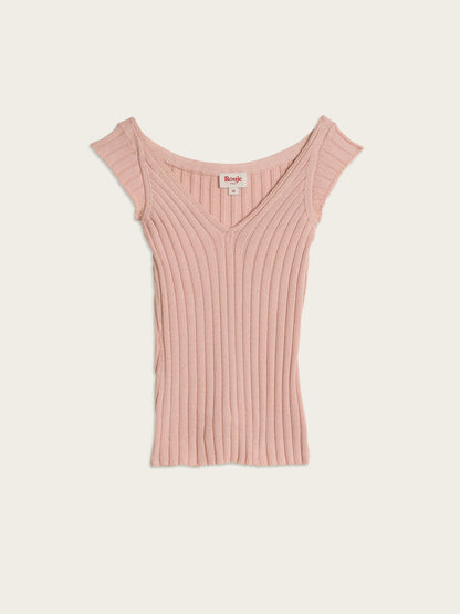 TUCO powder pink V-neck ribbed knit cotton top, flat packshot by Rouje
