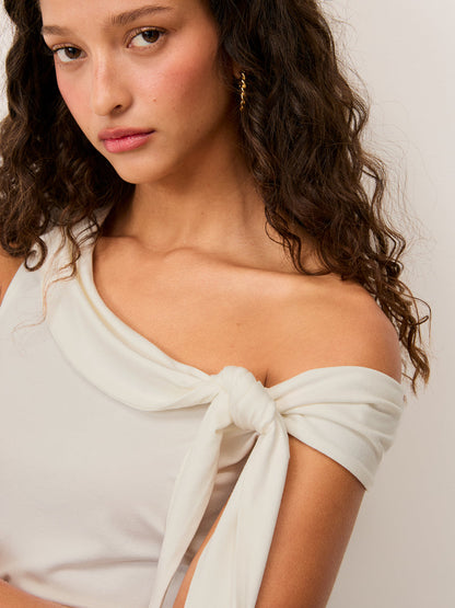 VENUS ecru off-the-shoulder stretch cotton top, front view by Rouje