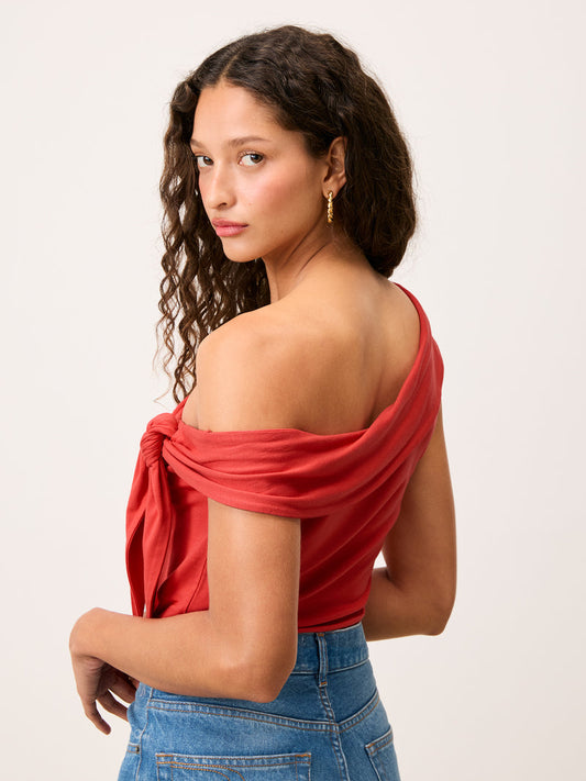 VENUS red off-the-shoulder stretch cotton top, front view by Rouje