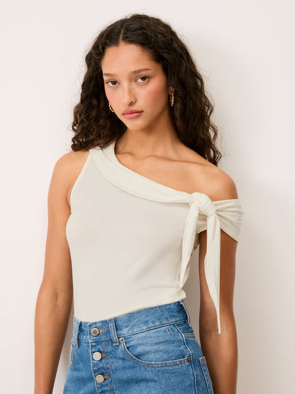 VENUS ecru off-the-shoulder top worn on a model by Rouje