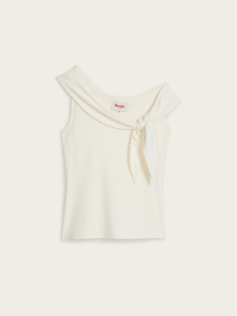 VENUS ecru off-the-shoulder stretch cotton top, flat packshot by Rouje