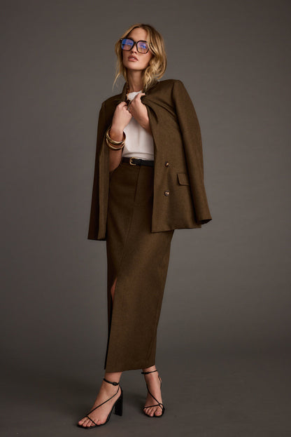 Back view of the mocha blazer showing the silhouette and fit.