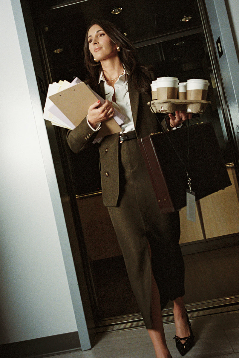 Close-up of the Tory Mocha Twill Blazer showcasing the fabric texture and design details.