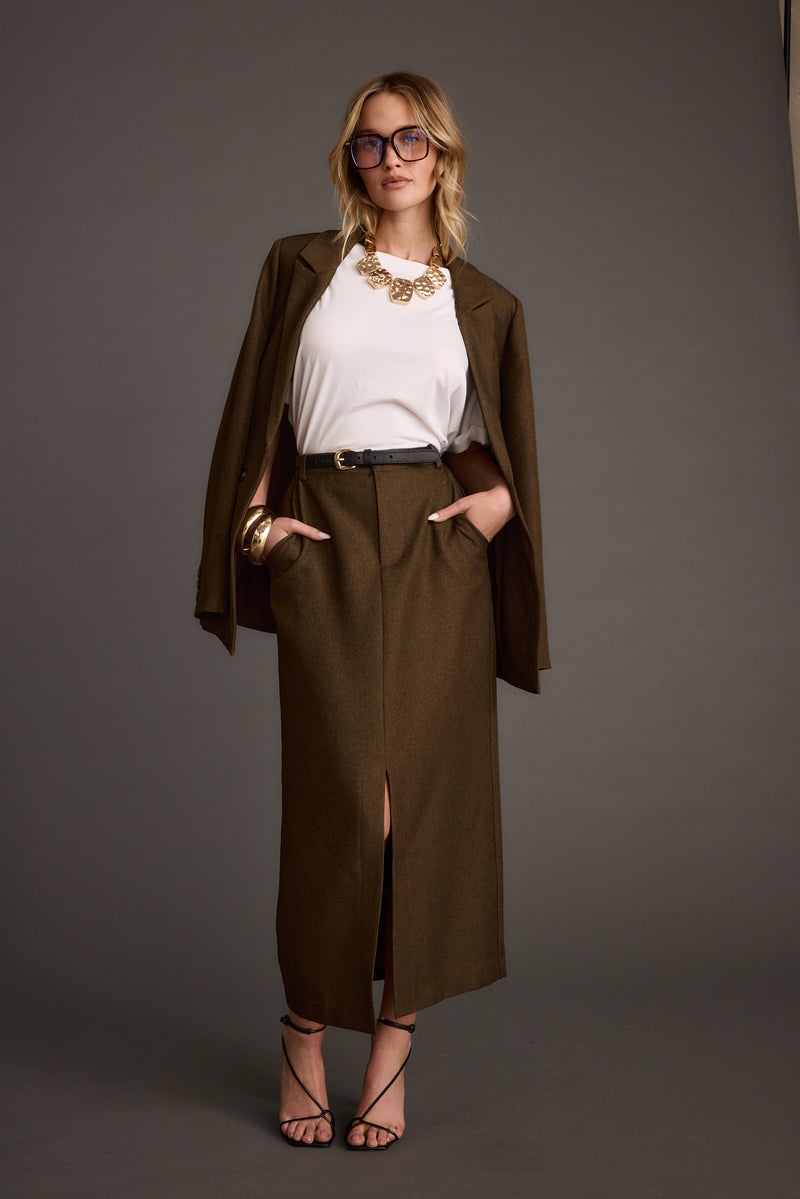 Additional view of the Tory Mocha Twill Blazer from a different perspective.