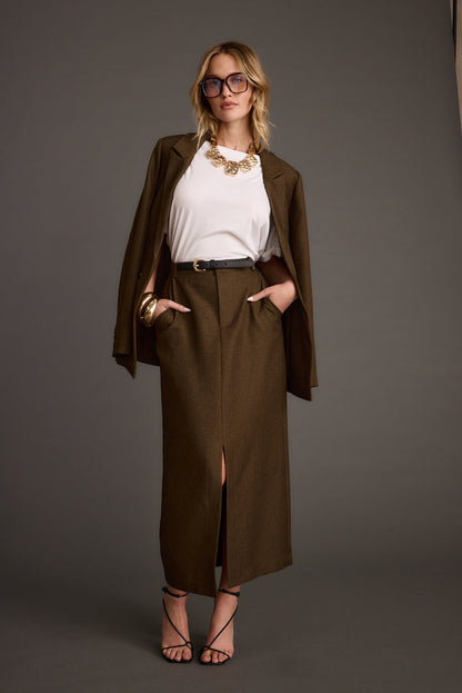 Additional view of the Tory Mocha Twill Blazer from a different perspective.