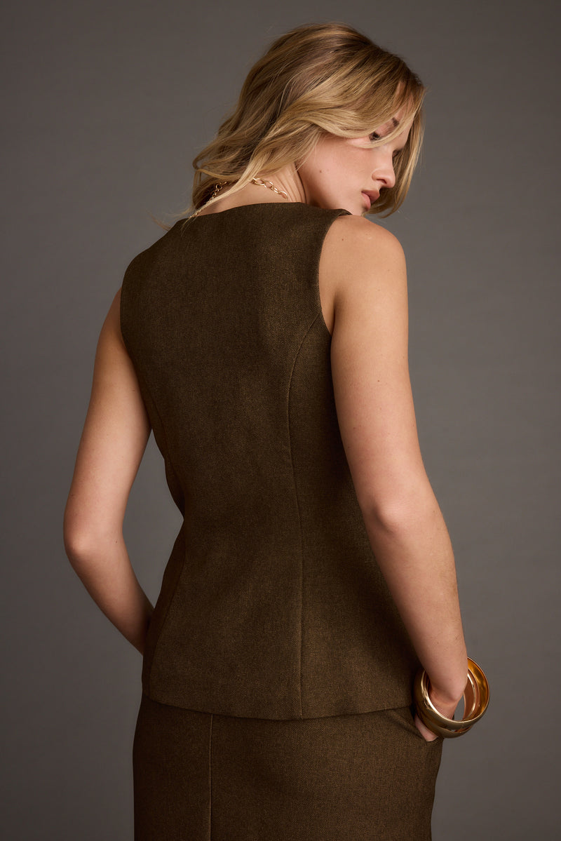 Close-up of the Tory Mocha Twill Button Front Sleeveless Top showcasing the fabric texture and design details.