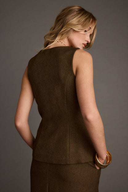 Close-up of the Tory Mocha Twill Button Front Sleeveless Top showcasing the fabric texture and design details.