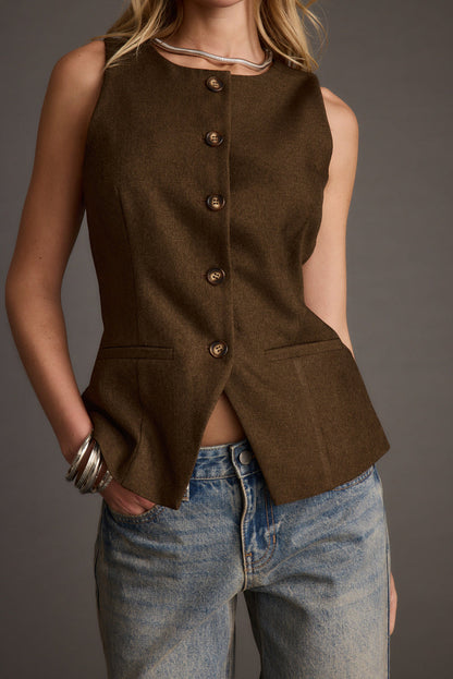 Full-length view of the mocha top showing the drape and movement.