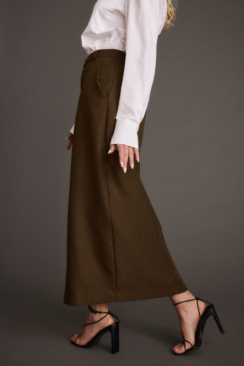 Detail shot of the Tory Mocha Twill Midi Skirt highlighting the design elements.