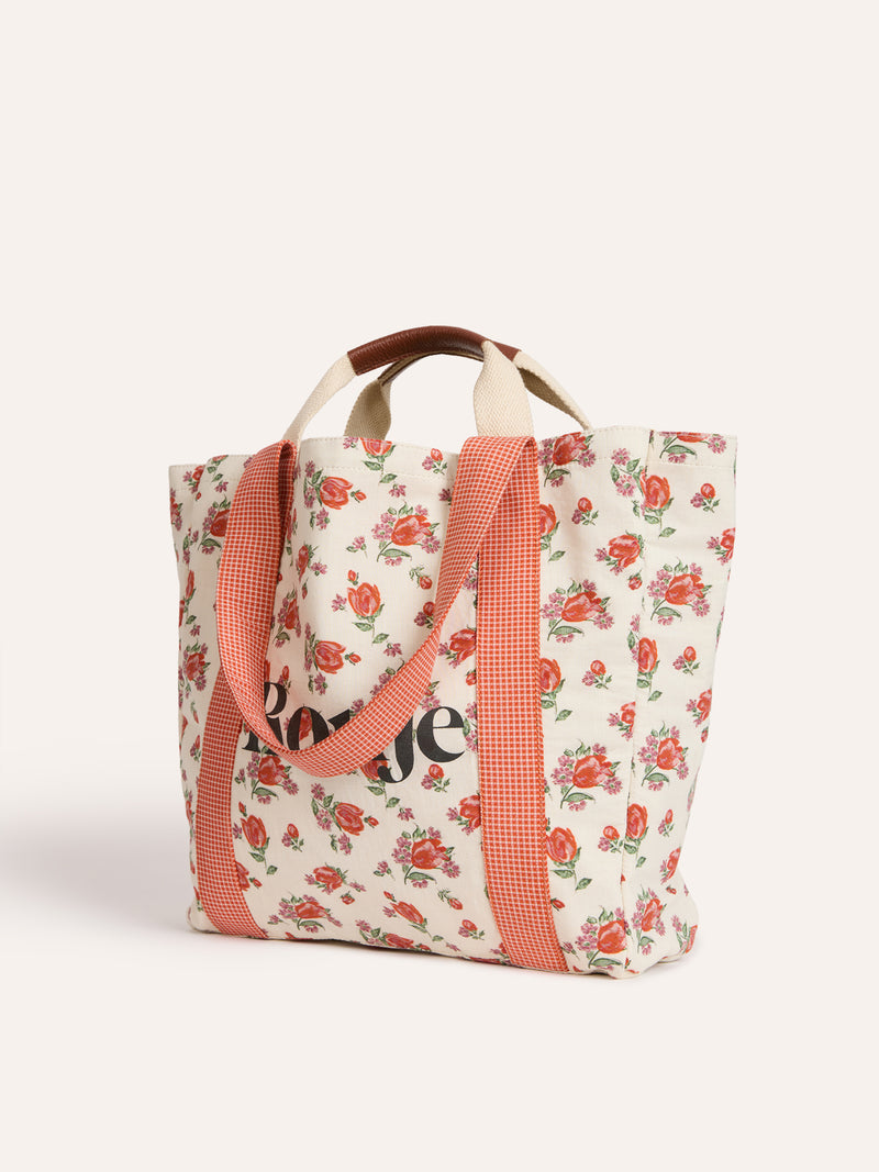 LARRY large pink floral print tote bag, front view by Rouje