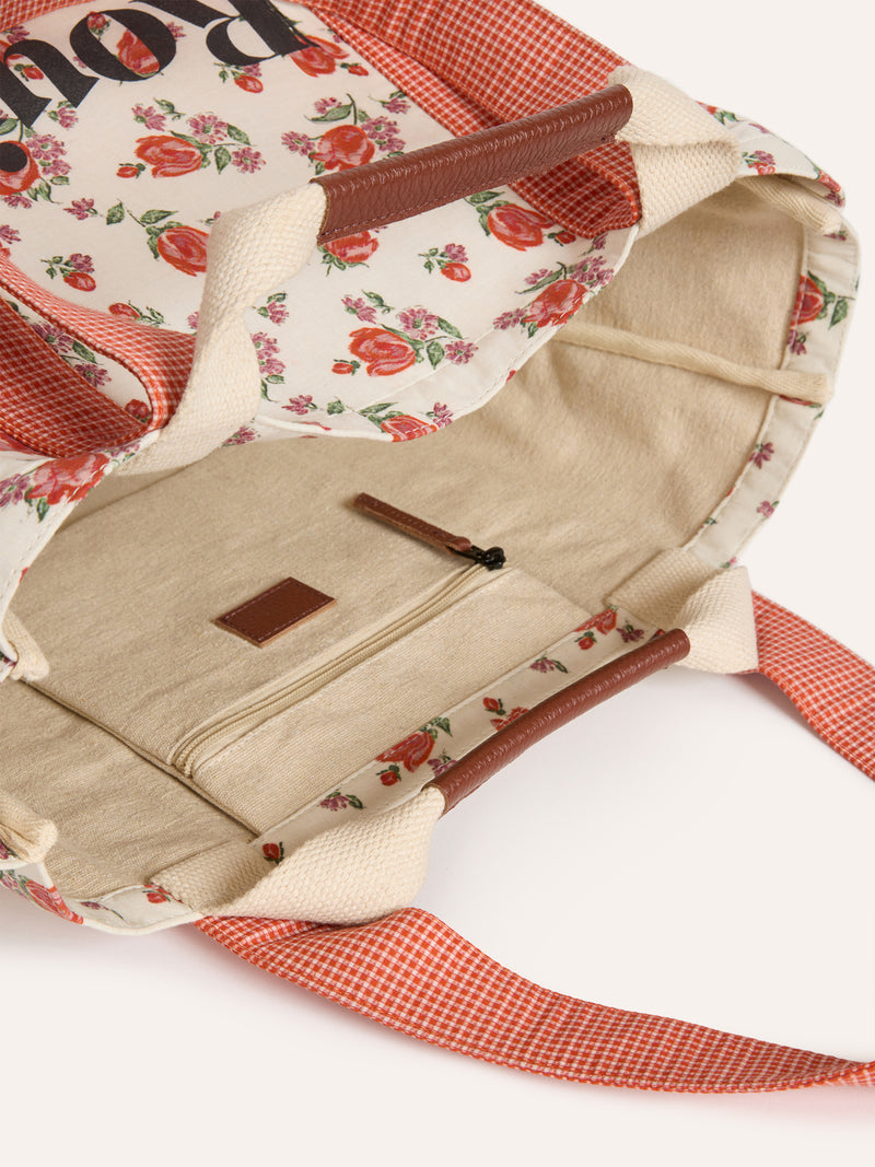 LARRY large pink floral tote bag, detail of gingham handles by Rouje