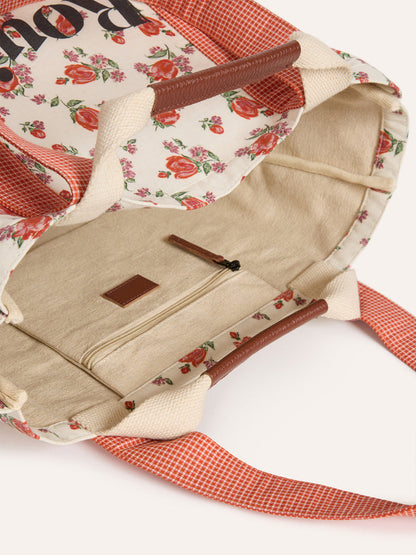 LARRY large pink floral tote bag, detail of gingham handles by Rouje