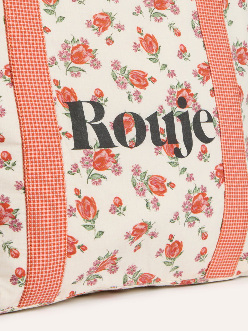 LARRY large pink floral tote bag worn on a model by Rouje