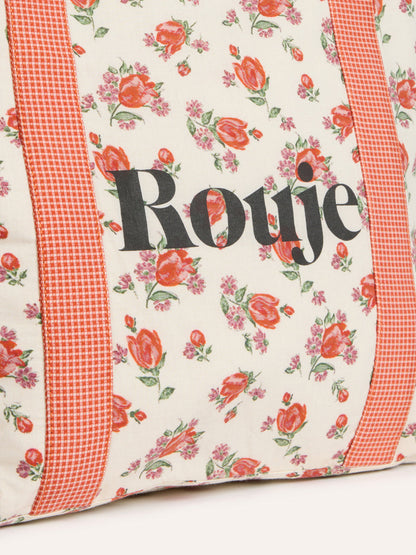 LARRY large pink floral tote bag worn on a model by Rouje