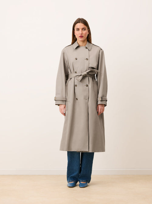 EZRA mastic oversized double-breasted trench coat, front view by Rouje