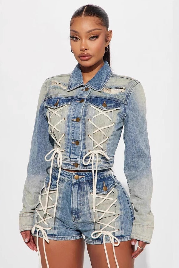 Trendy Jacket Two Piece Shorts Set