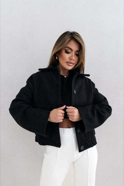 Trendy Solid Wool Pocket Elastic Snap Coat