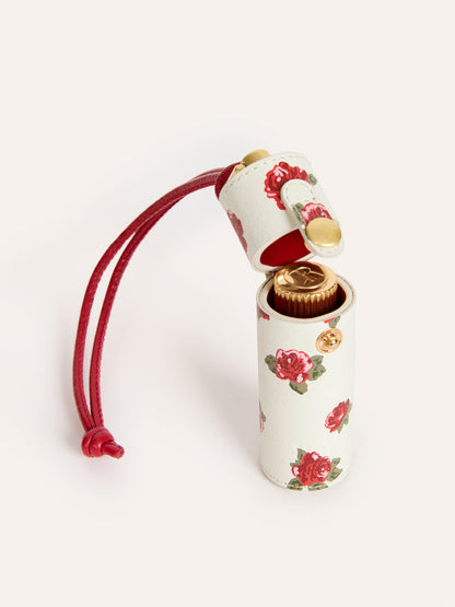 DISCRET ecru floral leather lipstick case, detail view by Rouje