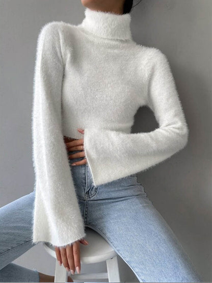 Turtleneck Fuzzy Crop Knit Top Knit Tops