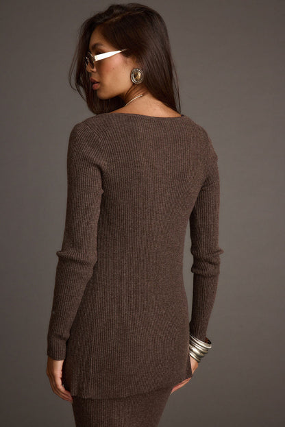 Lifestyle shot of the mocha sweater styled for day-to-night versatility.
