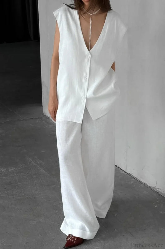 V-Neck Cotton Linen Sleeveless Vest Two Piece Set White / S