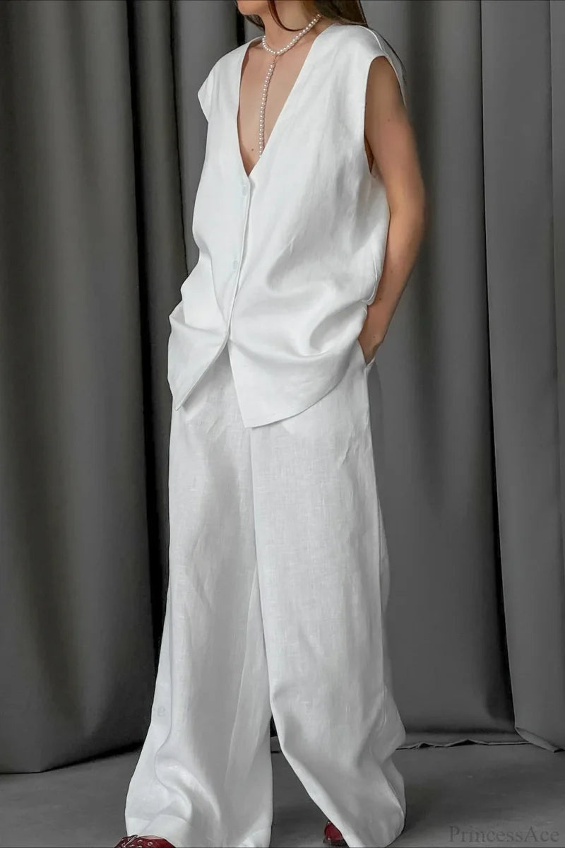 V-Neck Cotton Linen Sleeveless Vest Two Piece Set