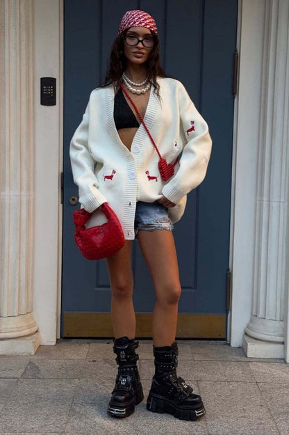 V-Neck Embroidered Cardigan Sweater