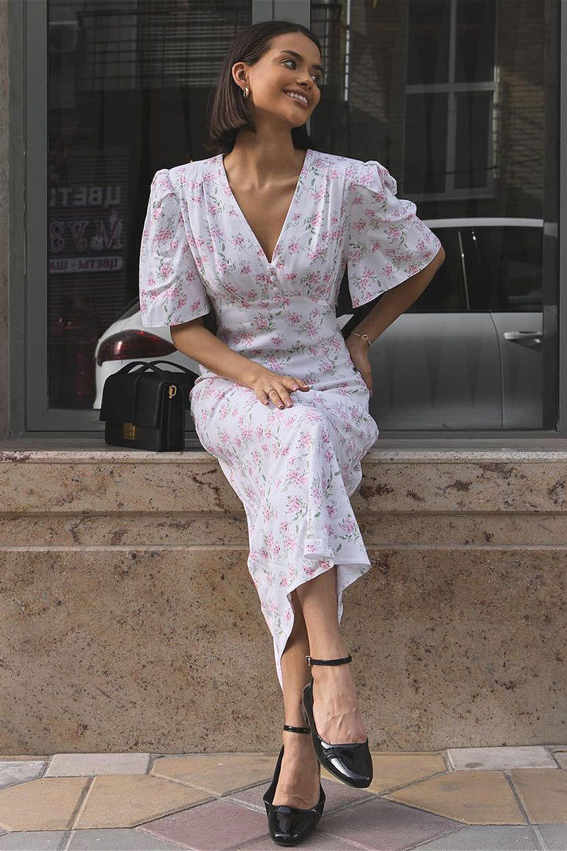 V Neck Fitted Shoulder High Waist Short Sleeve Floral Dress