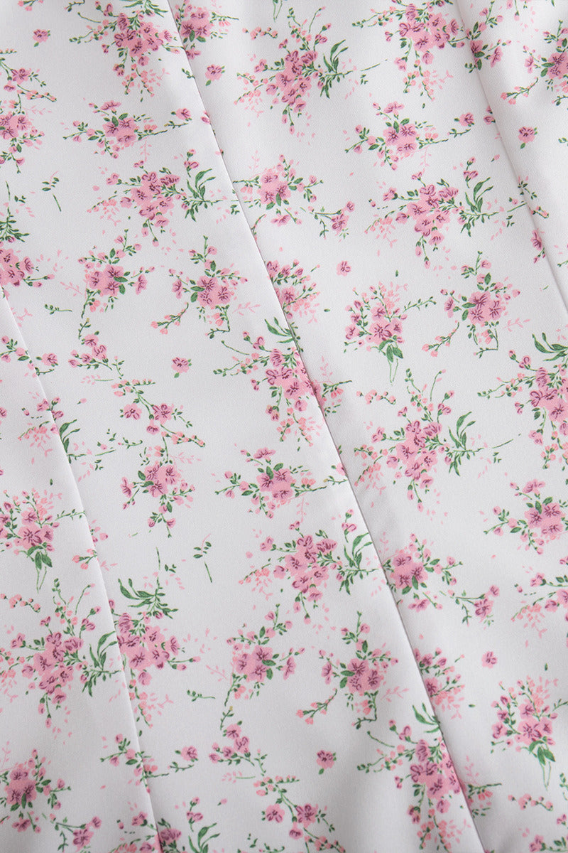 V Neck Fitted Shoulder High Waist Short Sleeve Floral Dress