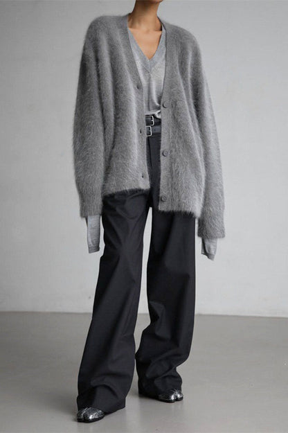 V Neck Fluffy Knit Cardigan Sweater